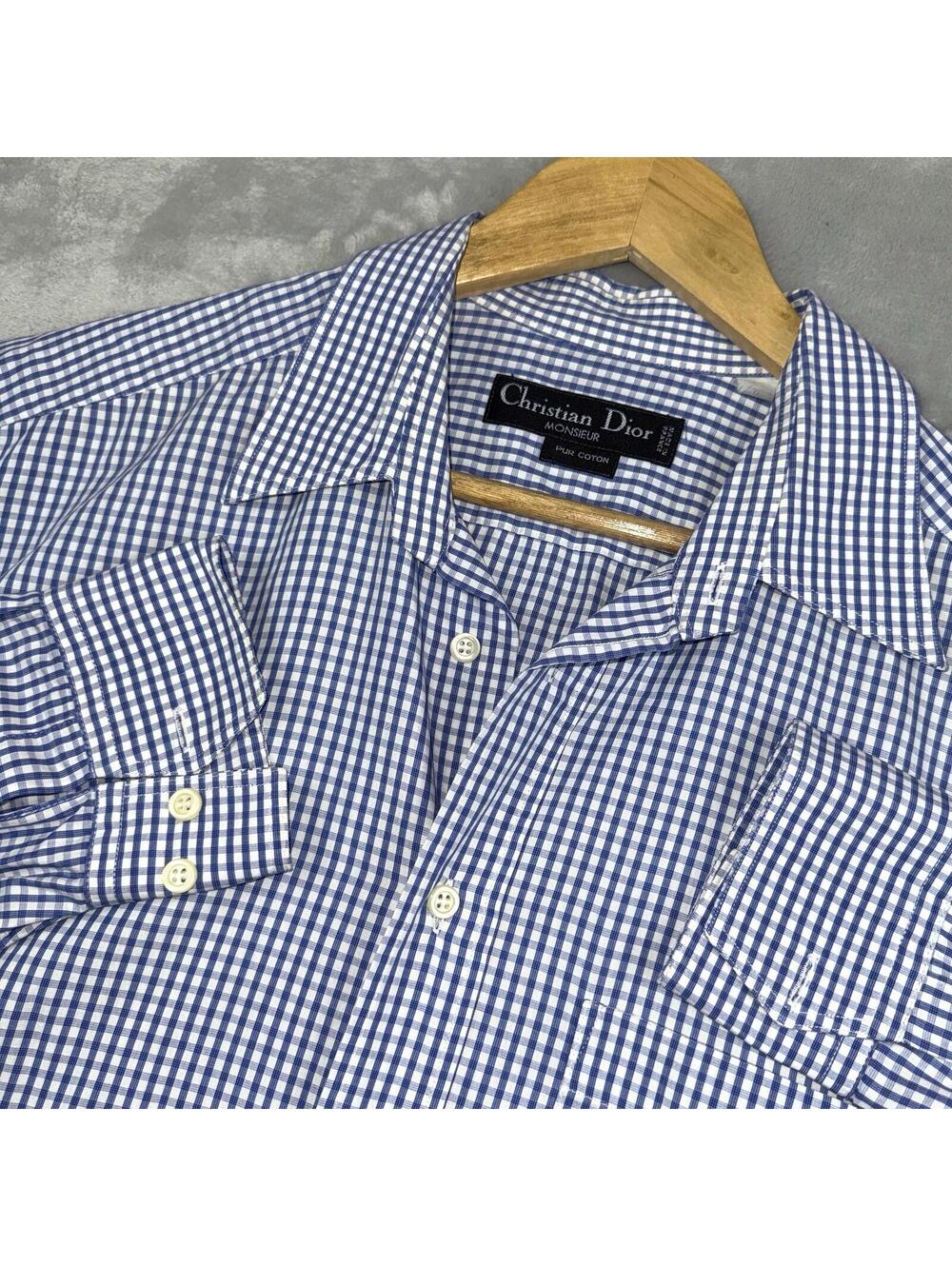 Christian Dior Monsieur Shirt Mens 17 42 Blue White Check Button Up Cotton VTG